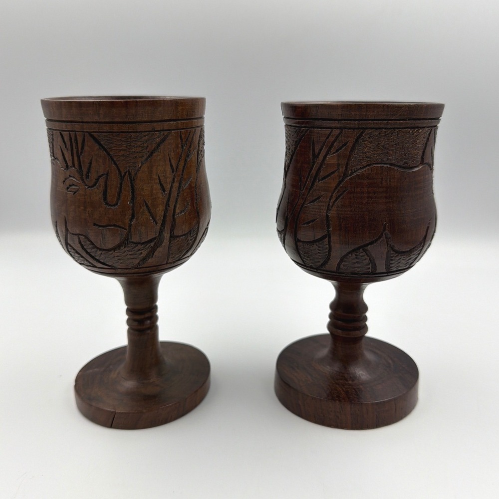 Lot of 2 Hand Carved Wooden Goblets Safari Animal Design Rustic Barware Decor